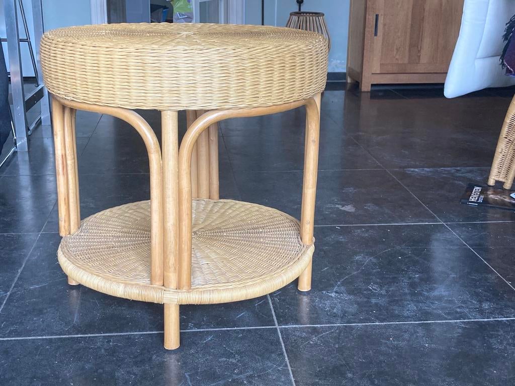 Rotan tafeltje, Huis en Inrichting, Tafels | Bijzettafels, Minder dan 55 cm, Rond, Zo goed als nieuw, Ophalen