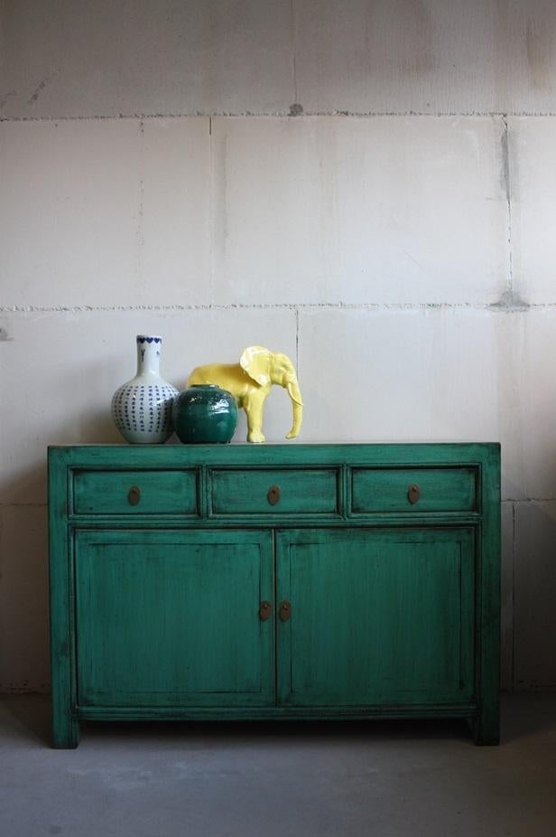 Oosters Dressoir Unieke Chinese Kast Mintgroen Vintage Style, 100 tot 150 cm, Nieuw, Ophalen of Verzenden, Kleurrijk Werelds Landelijk Oosters Bohemian Vintage Style Uniek