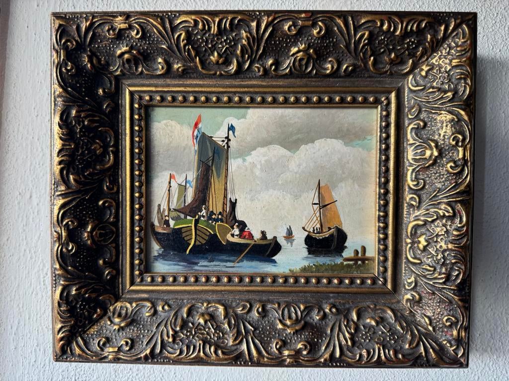 Maritiem tafereel met botters(vissersschepen) ‘50., Antiek en Kunst, Ophalen