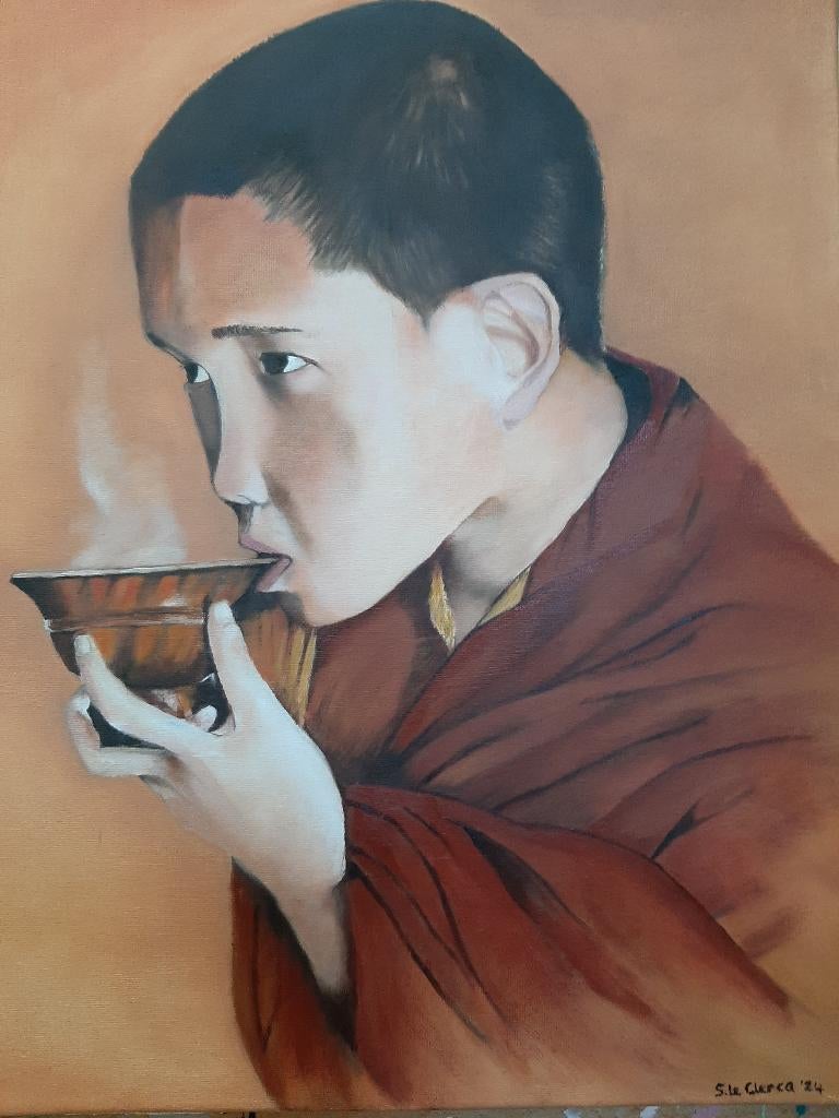 Een jonge Thaise monnik in olieverf, Huis en Inrichting, Woonaccessoires | Schilderijen, Tekeningen en Foto's, Ophalen, Minder dan 50 cm