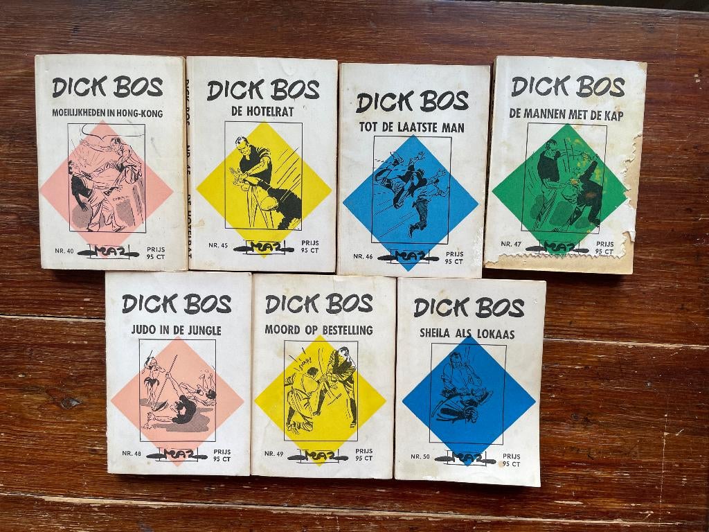 7 Dick Bos boekjes nr. 40, 45, 46, 47, 48, 49, 50 1964-1965, Meerdere stripboeken, Ophalen of Verzenden, Gelezen, Alfred Mazure