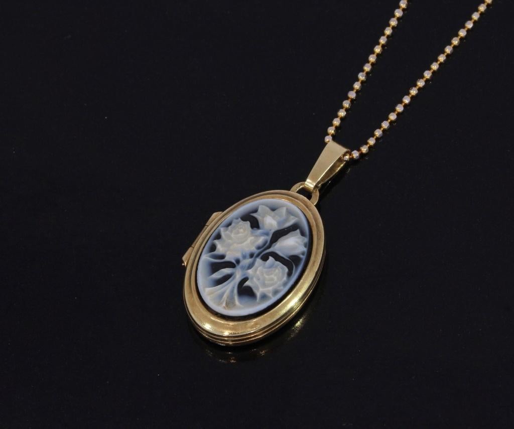 Foto medaillon 14k goud ketting hanger blauwe camee antiek, Sieraden, Tassen en Uiterlijk, Antieke sieraden, Verzenden, Goud, Hanger