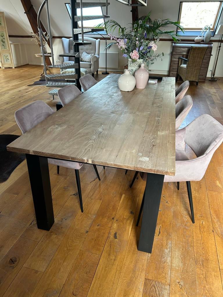 Teakhouten eettafel 260x100 cm met zwarte poten, Huis en Inrichting, Tafels | Eettafels, Ophalen, Gebruikt, 100 tot 150 cm, Teakhout