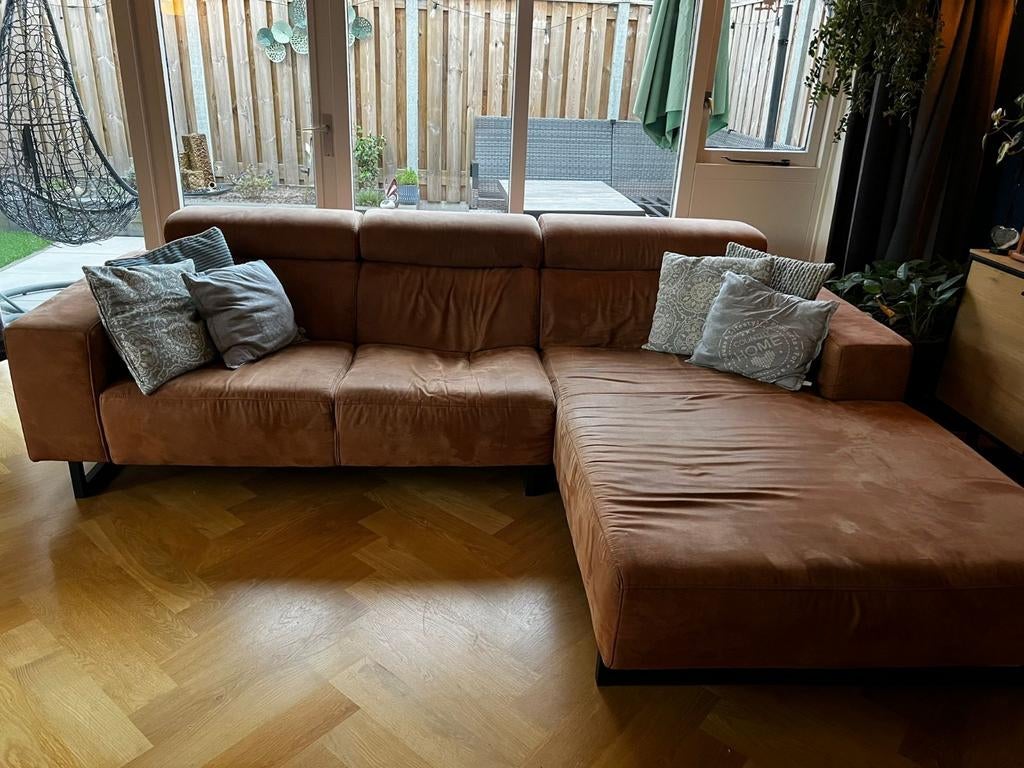 Cognac hoekbank met extra breed liggedeelte, Ophalen of Verzenden, Gebruikt