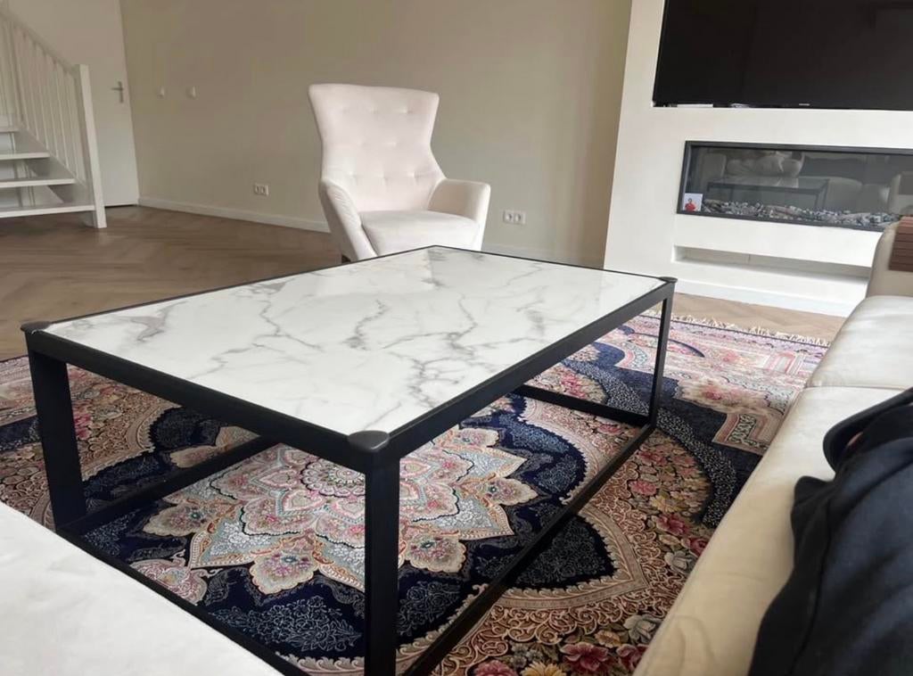 Salontafel marmerlook met zwart metalen frame, Gebruikt, 100 tot 150 cm, Metaal, Minder dan 50 cm