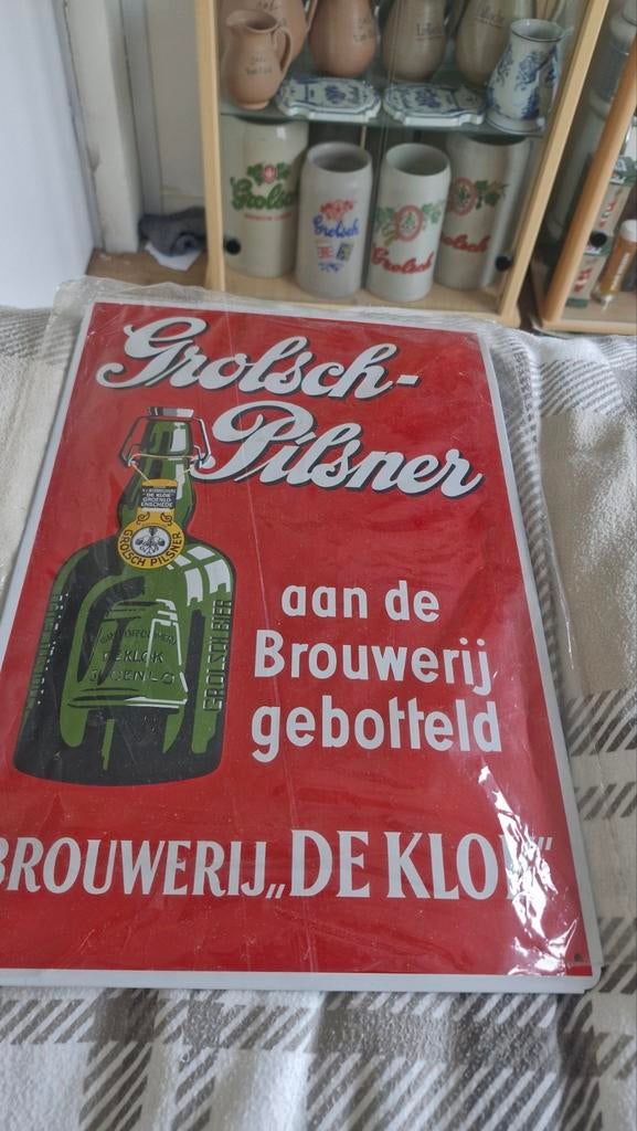 Grolsch Wandbord Rood met Oude Fles - Brouwerij De Klok, Ophalen of Verzenden