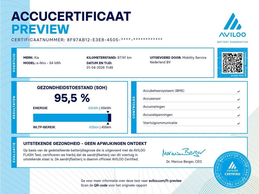 Kia E-Niro ExecutiveLine 64 kWh SOH95% 3F Clima CarPlay LED, Gebruikt, 1712 kg, Zwart, 1066 min