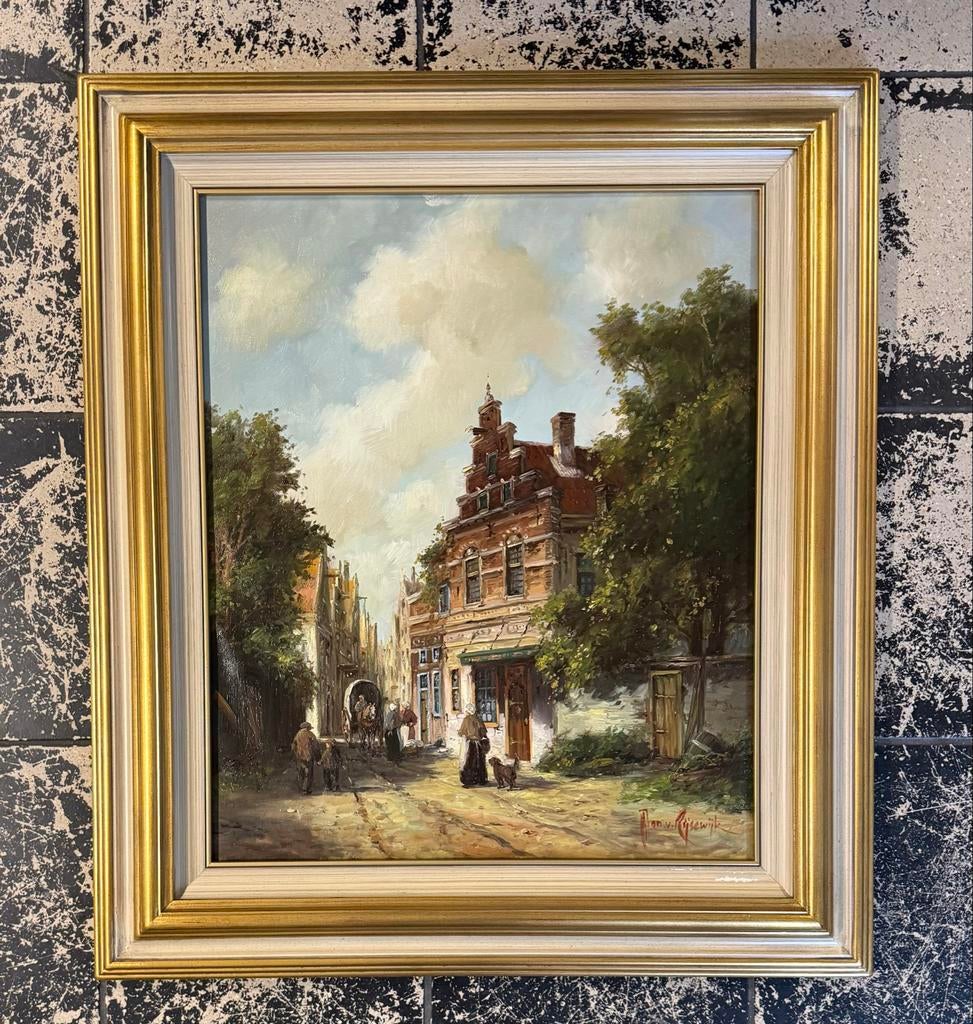 Jan van Rijsewijk — Hollands Stadsgezicht — Olieverf, Ophalen of Verzenden