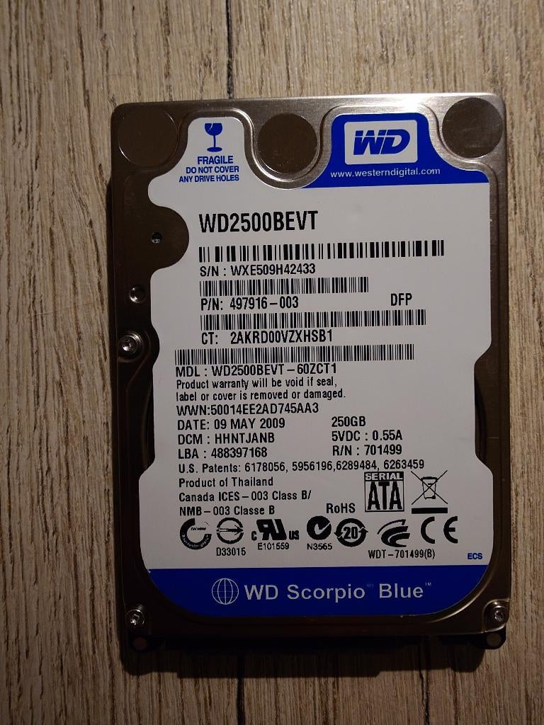 WD Scorpio Blue harde schijf 2,5 inch 250 Gb, Computers en Software, Harde schijven, Intern, Gebruikt, Ophalen of Verzenden, 250GB