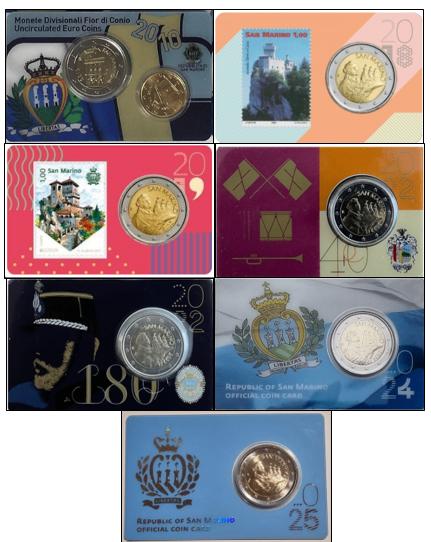 7 Verschillende San Marino 2 Euro (Regulier) Coincards, Postzegels en Munten, Munten | Europa | Euromunten, Ophalen of Verzenden