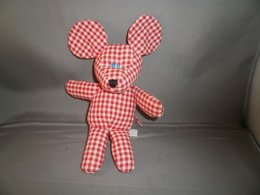 HEMA vintage muis rood wit geblokt katoen 20 cm blauwe ogen, Ophalen of Verzenden, Zo goed als nieuw, Overige typen