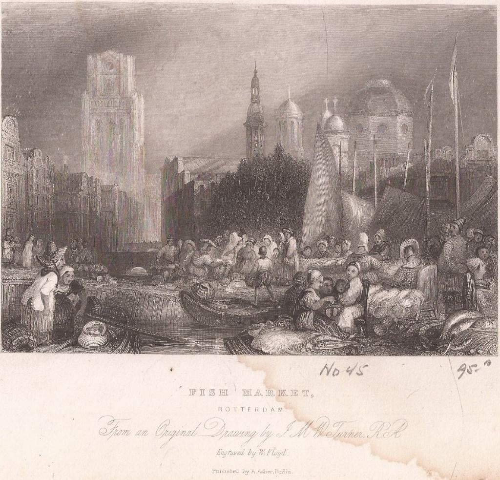 Rotterdam Fish Market Staalgravure naar J.M.W. Turner 1835, Antiek en Kunst, Ophalen of Verzenden