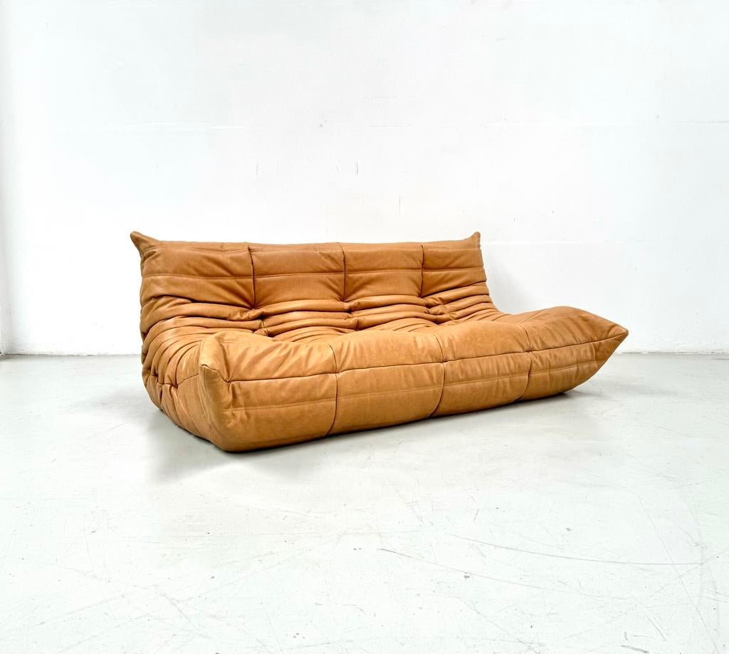 Togo Sofa in Camel attributed to Ducaroy for Ligne Roset., 150 tot 200 cm, Driepersoons, Zo goed als nieuw, Leer