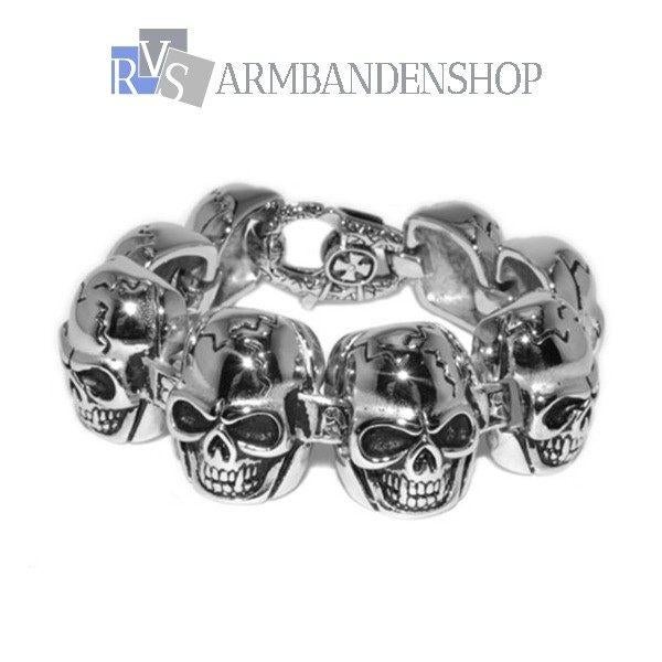 Rvs zilver staal bikers armband skull doodskop., Verzenden, Nieuw, Zilver, Staal