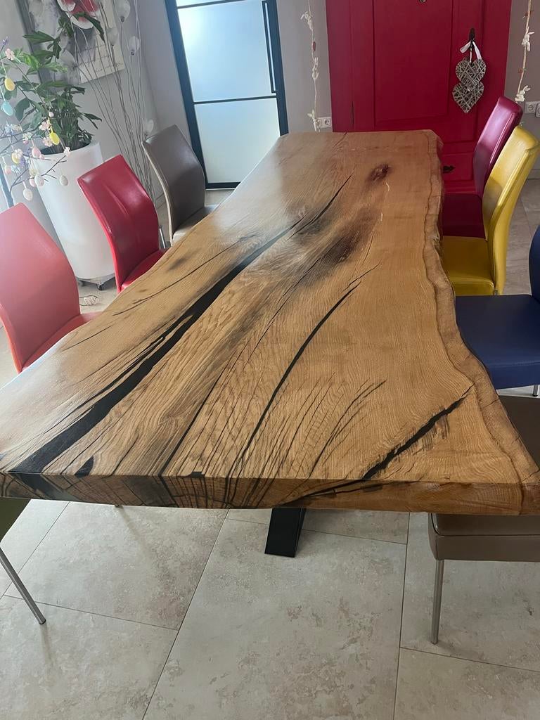 Massief eiken boomstam eettafel met metalen matrix poot, Ophalen, Gebruikt, 100 tot 150 cm, Eikenhout