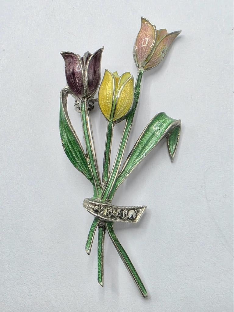 Zilveren Guiloche Bloemen Broche, Verzenden, ., Zo goed als nieuw, .