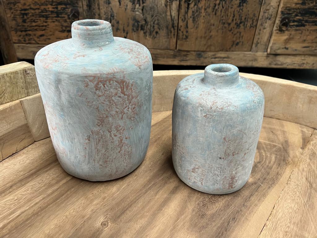 2 blauw bruinige vaas uit indonesie keramisch set, Verburgt Vintage, Blauw, Aardewerk of Porselein, Nieuw