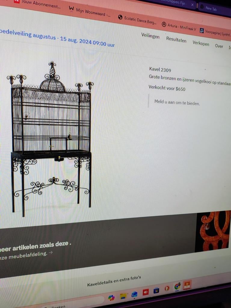 Antieke Brocante Vogelkooi op Standaard - Brons/IJzer, Antiek en Kunst, Curiosa en Brocante, Ophalen