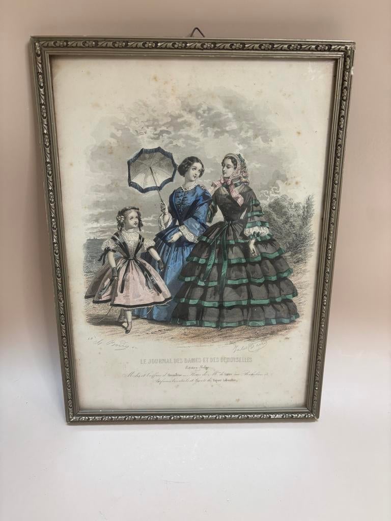 Antieke ingelijste modeprent Le Journal des Dames, Ingelijst, 1800 - 1899, Mode, Ophalen of Verzenden