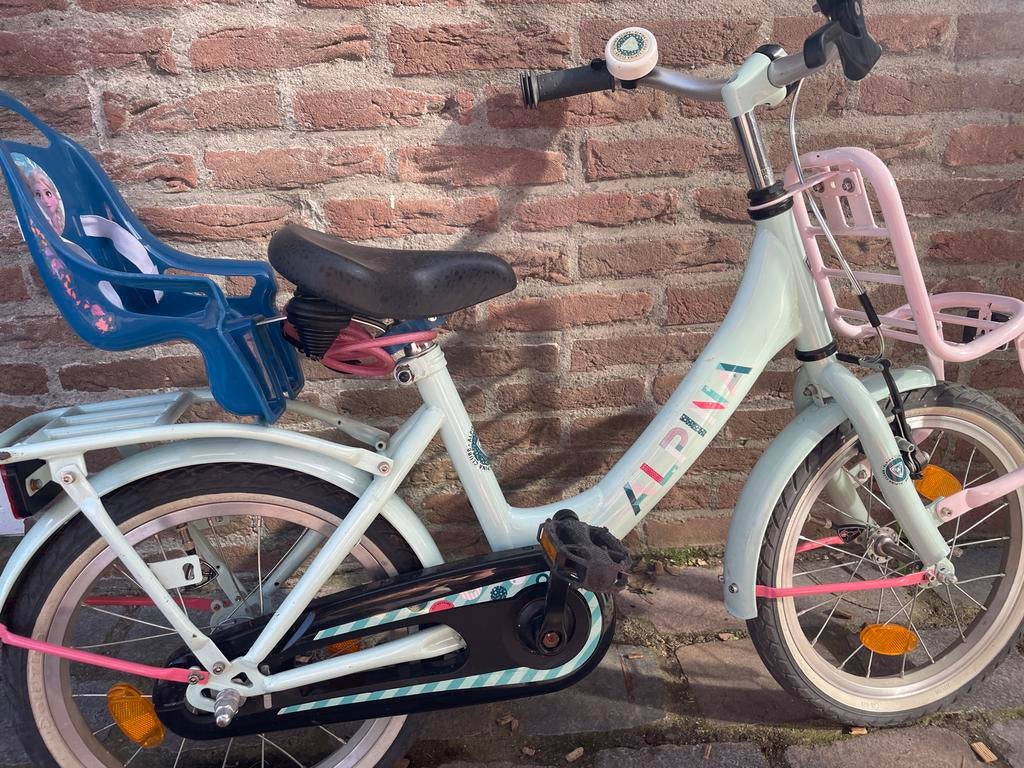 Alpina kinderfiets met kinderzitje en mandje, Ophalen, Gebruikt, 16 tot 20 inch