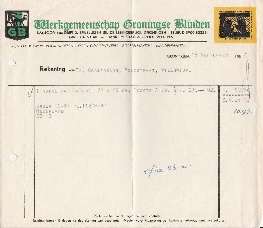 GRONINGEN 1957 kwitantie WERKGEMEENSCHAP GRONIUNGSE BLINDEN, Ophalen of Verzenden, 1940 tot 1960, Gelopen, Groningen