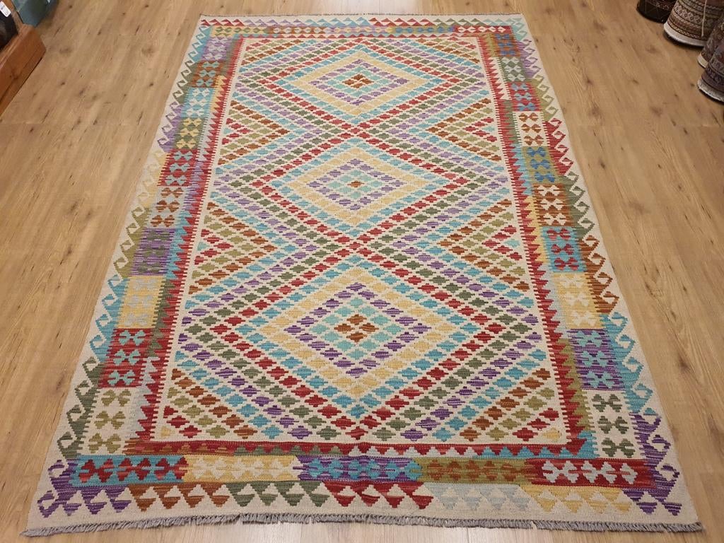 Prachtige handgeweven oosterse kelim 239x162, Crème, 150 tot 200 cm, Vof Slats Antiek, Ophalen of Verzenden