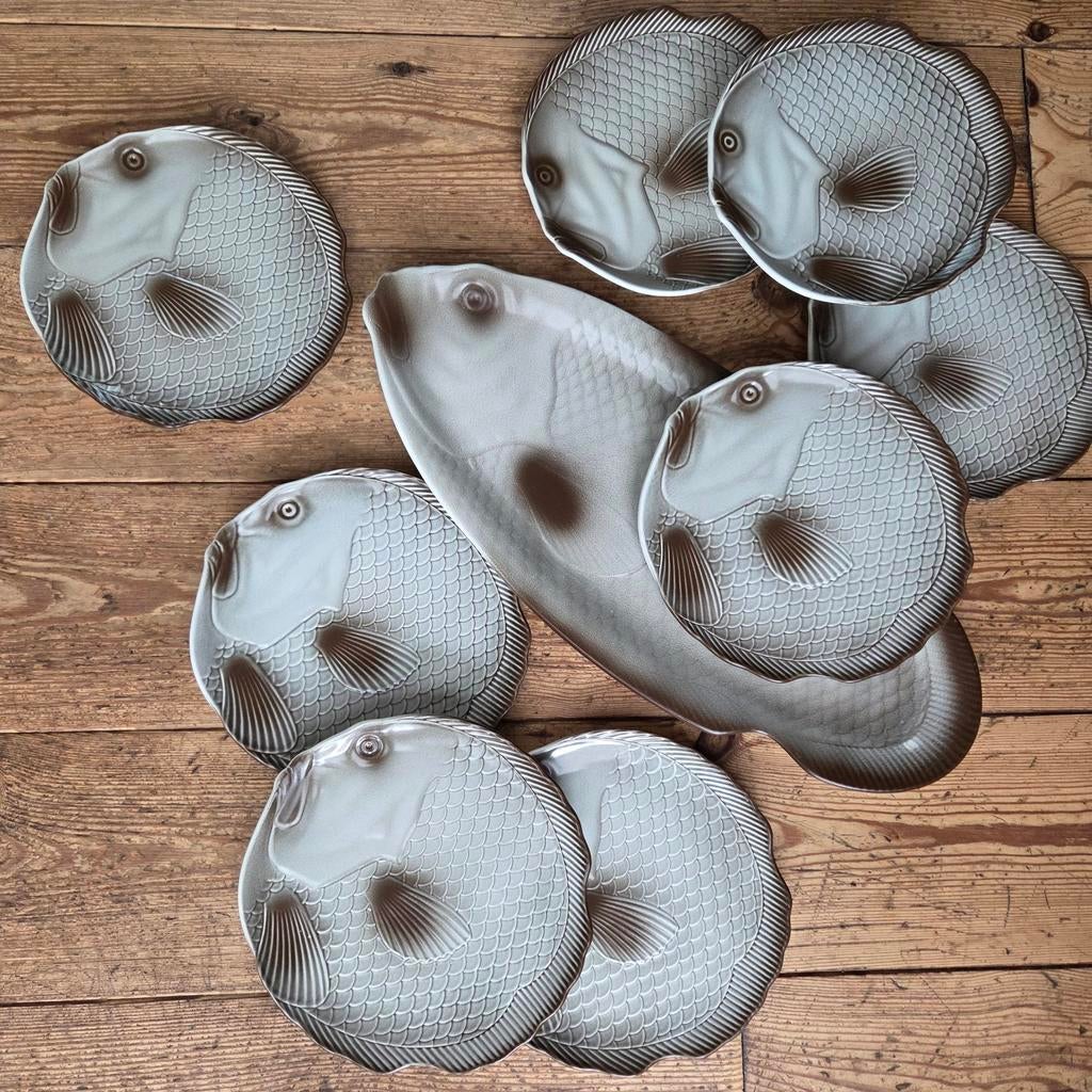 Brocante Salins Frankrijk visservies met 8 borden, Antiek en Kunst, Ophalen of Verzenden