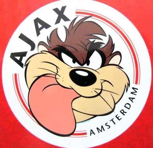 Vintage Ajax Supporter postkaart met Taz sticker (uit 2000), Verzamelen, Stickers, Ophalen of Verzenden, Zo goed als nieuw, Sport