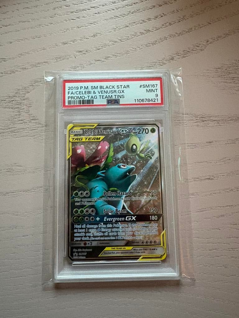 Celebi & Venusaur GX (SM 165) PSA 9, Hobby en Vrije tijd, Verzamelkaartspellen | Pokémon, Ophalen of Verzenden, Zo goed als nieuw