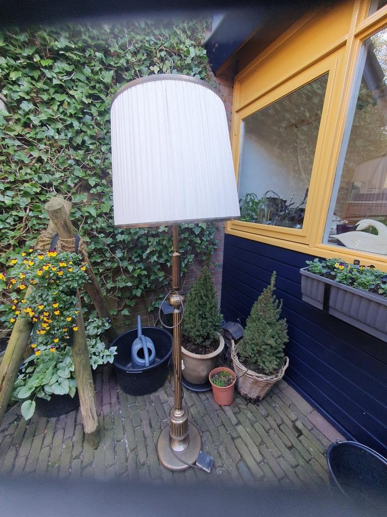 Antieke messing/koper staande lamp met stoffen kap, Antiek en Kunst, Ophalen