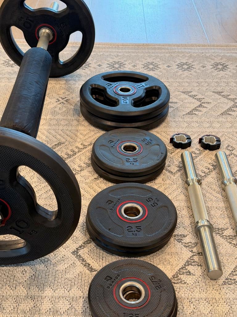 Domyos gewichten en halterstangen (nooit gebruikt), Ophalen, Zo goed als nieuw