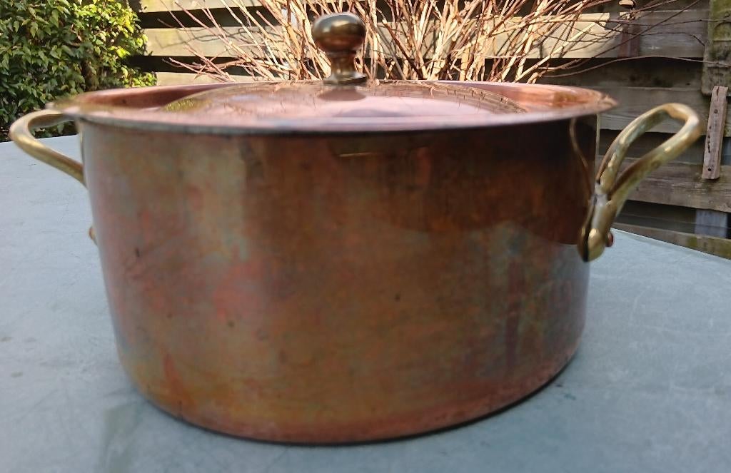 Vintage koperen pan tin geveegd Made in France Ø16 cm (K31), Kookpan of Snelkookpan, Overige materialen, Gebruikt, Keramische plaat