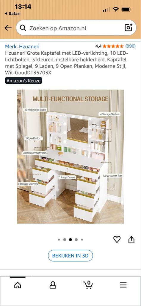 Hzuaneri Grote Kaptafel met LED-verlichting en 9 Laden, Huis en Inrichting, Tafels | Kaptafels, Ophalen, Overige materialen, 100 tot 150 cm