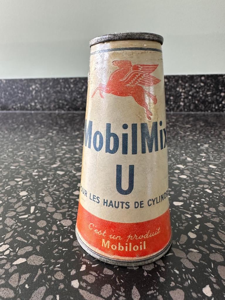 Schitterend conisch MOBILOIL MobilMix blikje., Verzamelen, Ophalen of Verzenden, Gebruikt, Gebruiksvoorwerp