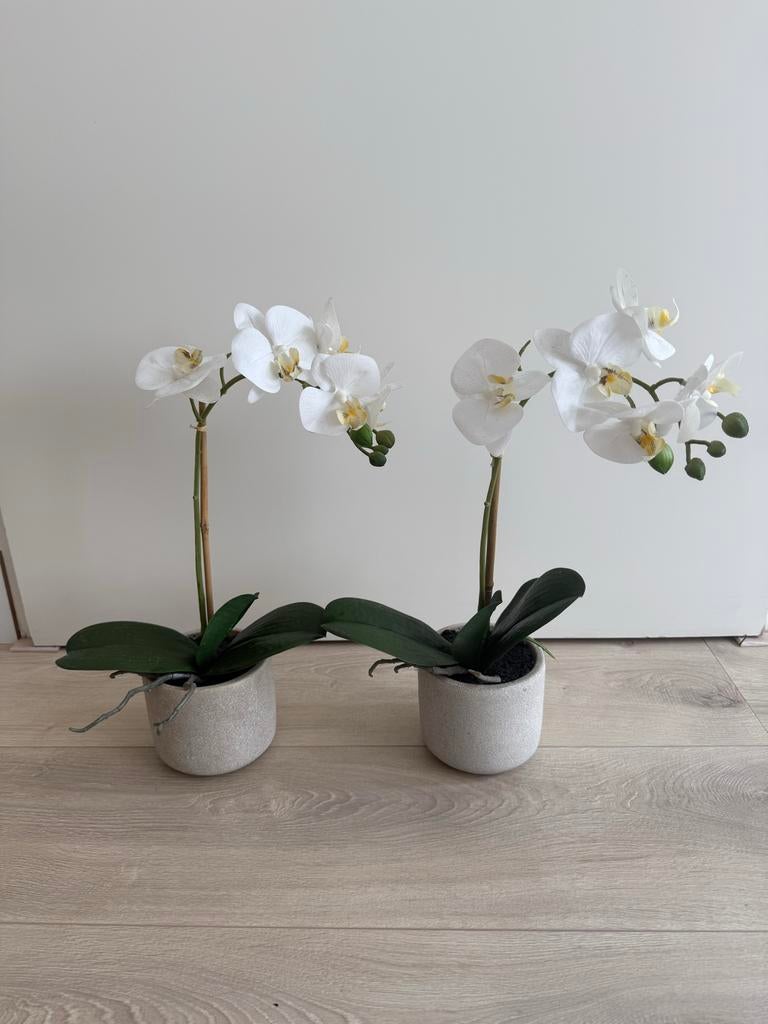 Set van 2 kunst orchideeën in zandkleurige pot, Huis en Inrichting, Woonaccessoires | Kunstplanten en Kunstbloemen, Ophalen, Binnen