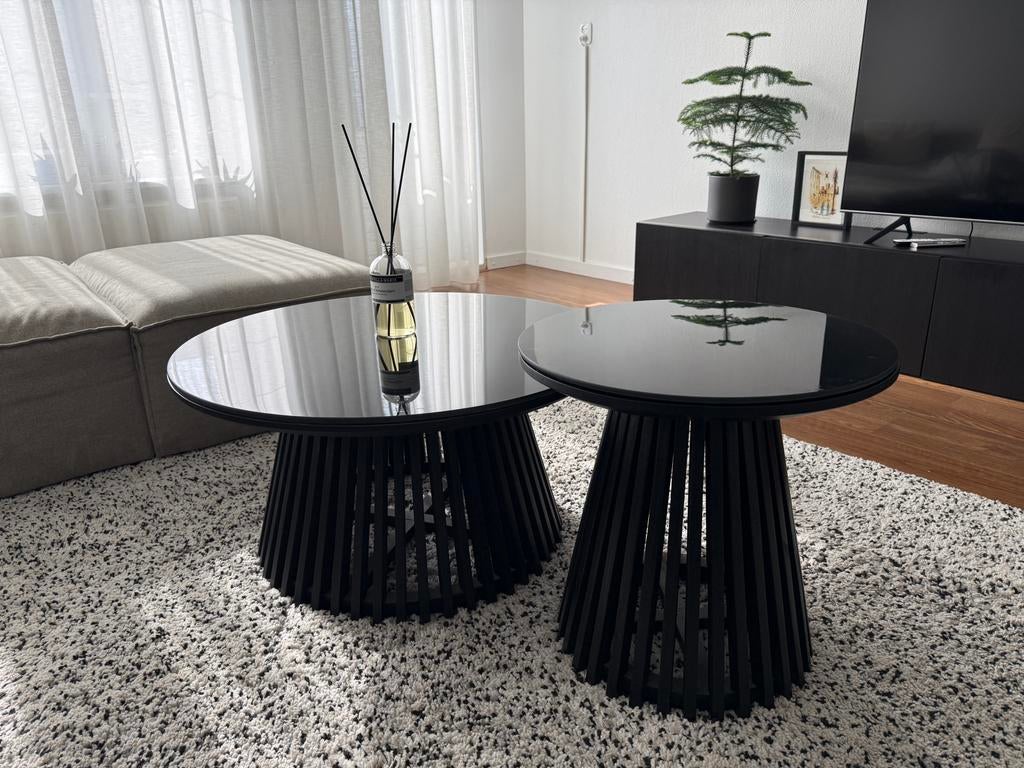 Kave Home Salontafel en Bijzettafel Jeanette zwart inc. glas, Ophalen, Overige materialen, Rond, 50 tot 100 cm