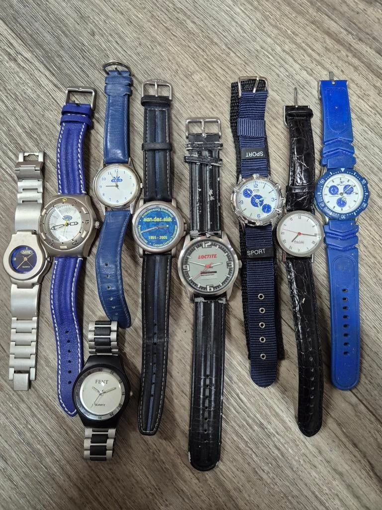 Lot reclame horloges, verzameling, collectie, partij, Gebruikt, Blauw, Ophalen of Verzenden, Barclay, Pegasus, Loctite, rdw