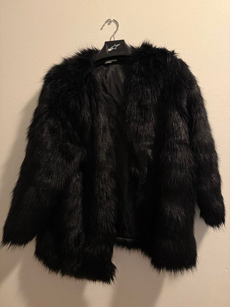 Zwarte H&M bont jas, Ophalen of Verzenden, Zo goed als nieuw, Maat 42/44 (L), Zwart