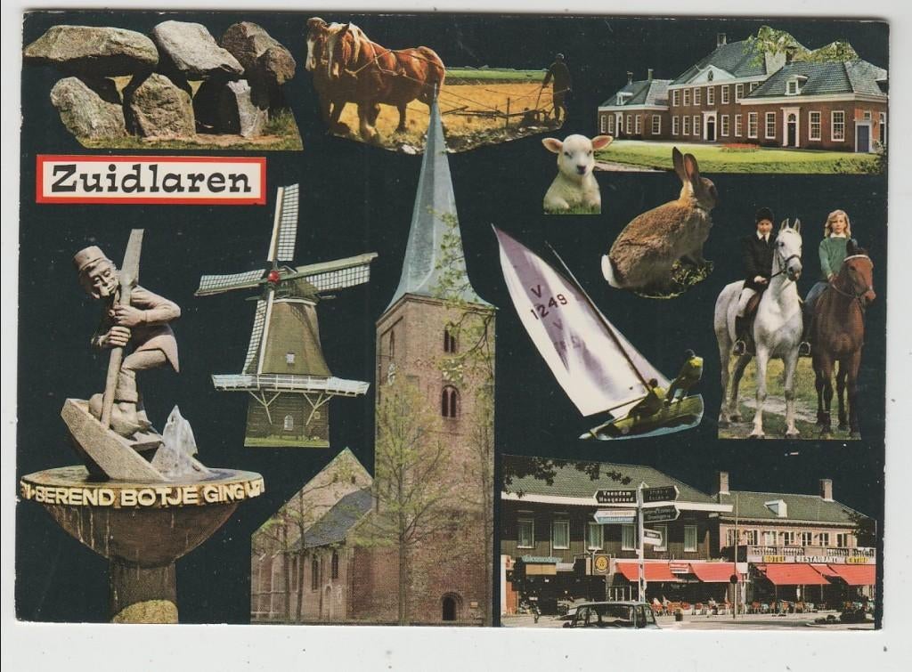 Zuidlaren Collage Hunebed Kerk Zeilboot Vrijheid 1249, Verzamelen, Ansichtkaarten | Nederland, Verzenden, 1980 tot heden, Gelopen