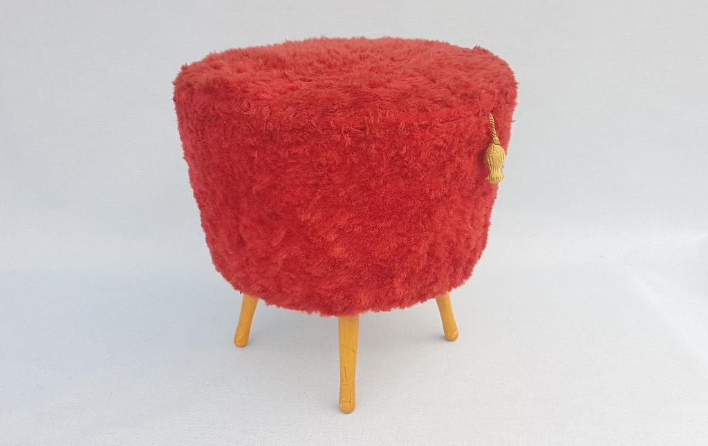 Retro pluche poef / vintage naaibox / naaipoef - Ø 42 cm, Gebruikt, Rond, Minder dan 50 cm, Ophalen of Verzenden