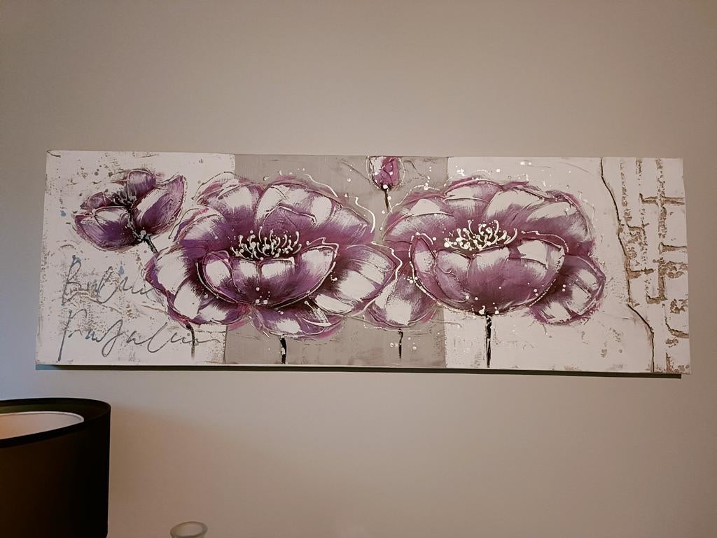 Mooi bloemenschilderij met paarse bloemen, Antiek en Kunst, Ophalen