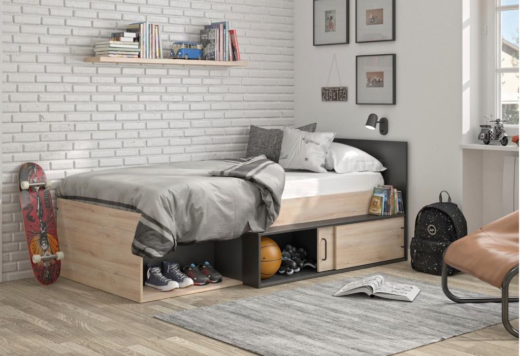 Erquy 1-persoonsbed - Blank eiken/zwart, Niet ingevuld, Niet ingevuld, Niet ingevuld