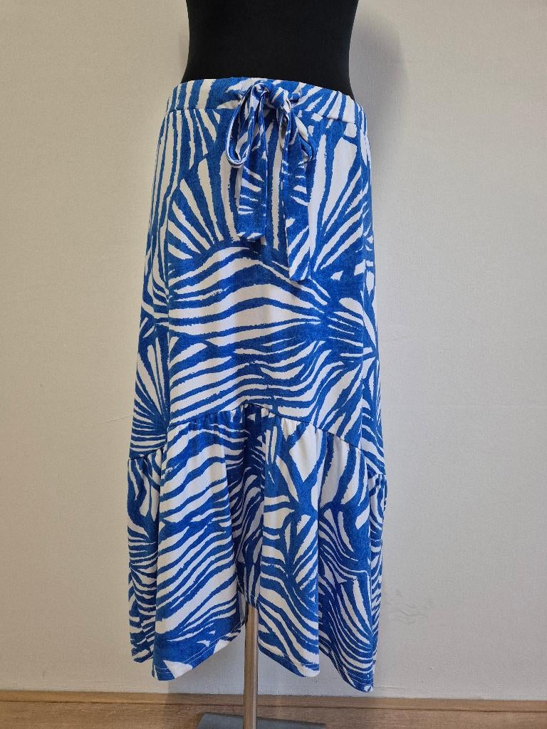 R33 - Blauw-witte kuitlange Norah rok maat 40 (1), Maat 38/40 (M), Blauw, Ophalen of Verzenden, Zo goed als nieuw