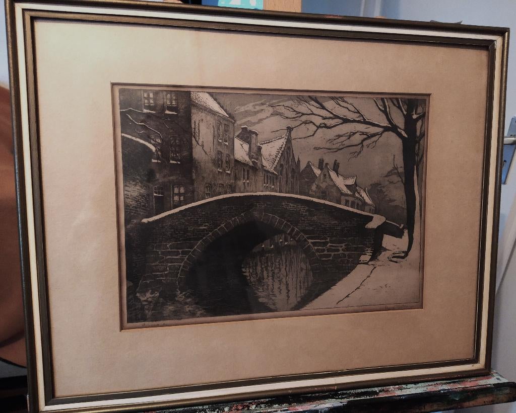 Ets Brugge Pont du Cheval met sneeuw A. Moes, Antiek en Kunst, Ingelijst, Ets, Stadsgezicht, Ophalen of Verzenden