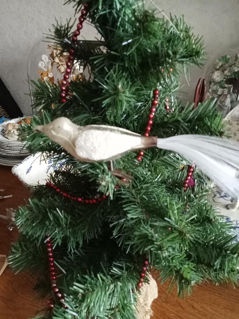 mooi oudere glazen vogeltje op clip wit gesuikerd vleugel, Ophalen of Verzenden, Gebruikt