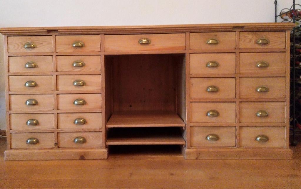 Toonbank/apothekerskast oud grenen, eiken bovenblad, Ophalen