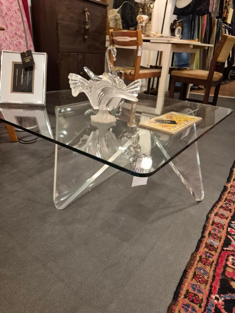 Glazen Salontafel met Plexiglas Onderstel, Huis en Inrichting, Tafels | Salontafels, Gebruikt, Vierkant, Ophalen of Verzenden