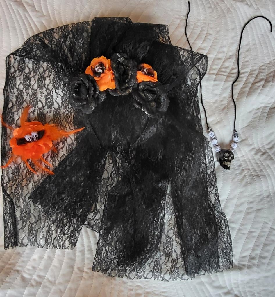 Carnaval set skulls bride tiara lace, ketting, broche, Ophalen, Zo goed als nieuw, Carnaval