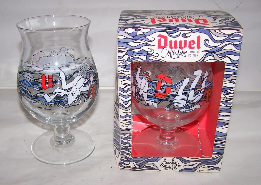 2 Duvel glazen Limited Edition Collection Franky Sticks. Nw., Ophalen of Verzenden, Nieuw, Bierglas