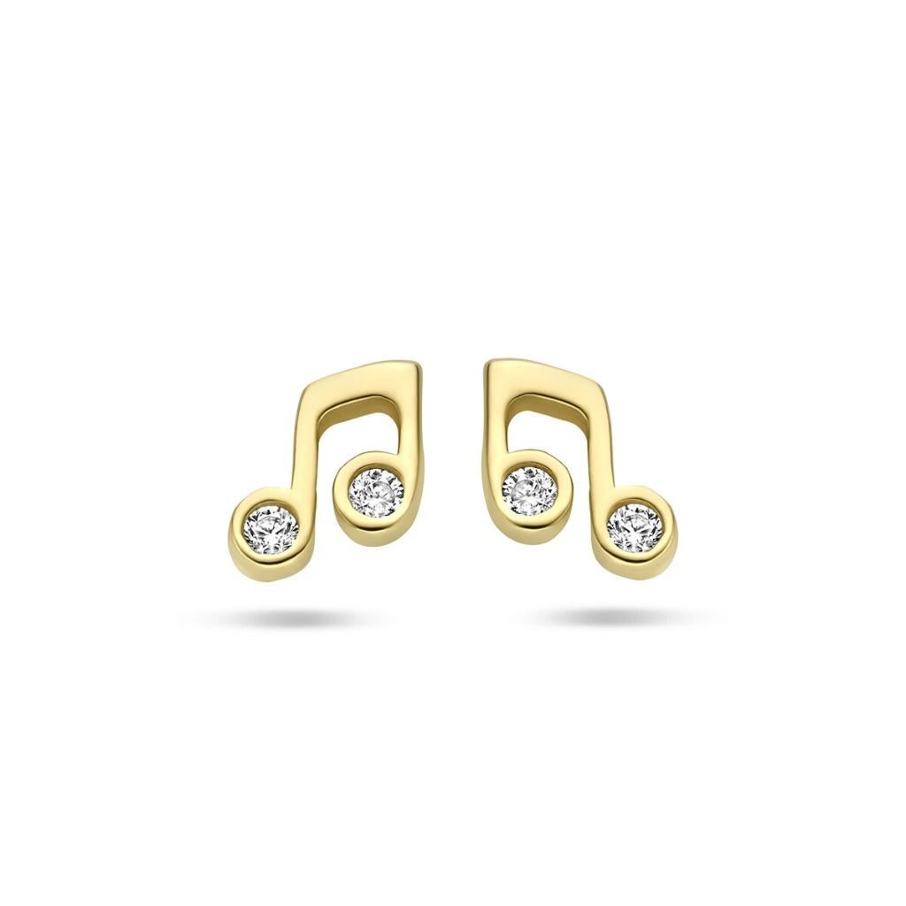 Gouden oorstekers Muzieknootjes met zirkonia - 14 karaat, Nieuw, Ophalen of Verzenden, Knopjes of Stekers, Goud
